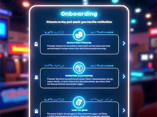 Onboarding sequence cards with verification checkpoints for casino